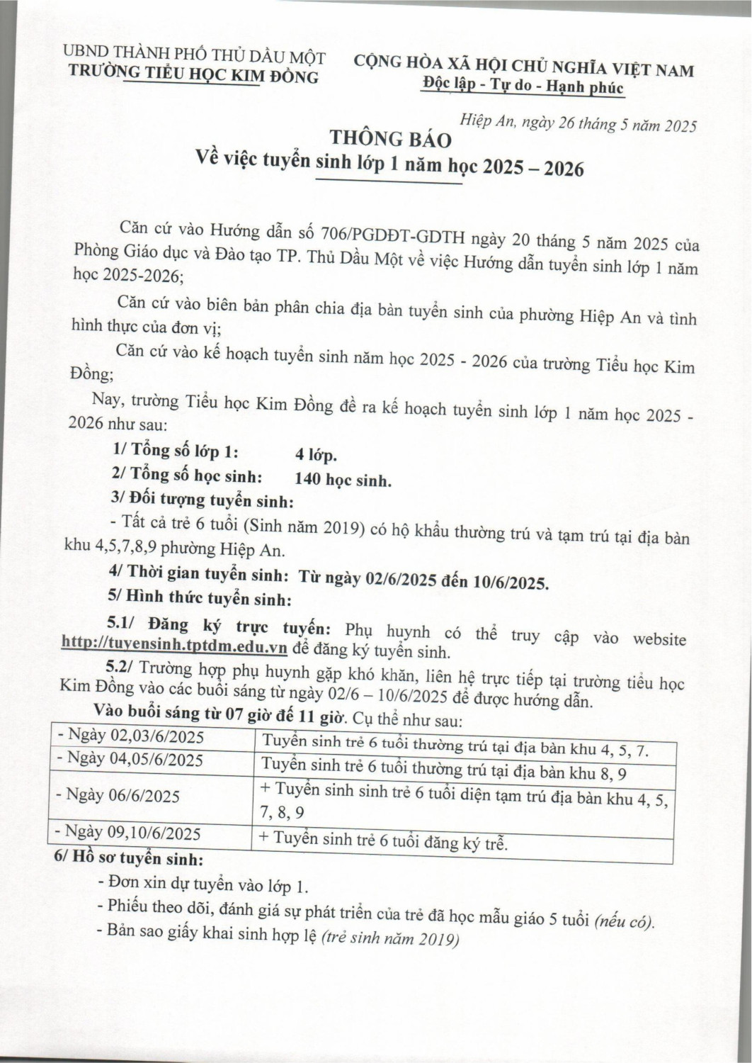 TB TUYỂN SINH LỚP 1 NH 2025 2026 hình ảnh 0