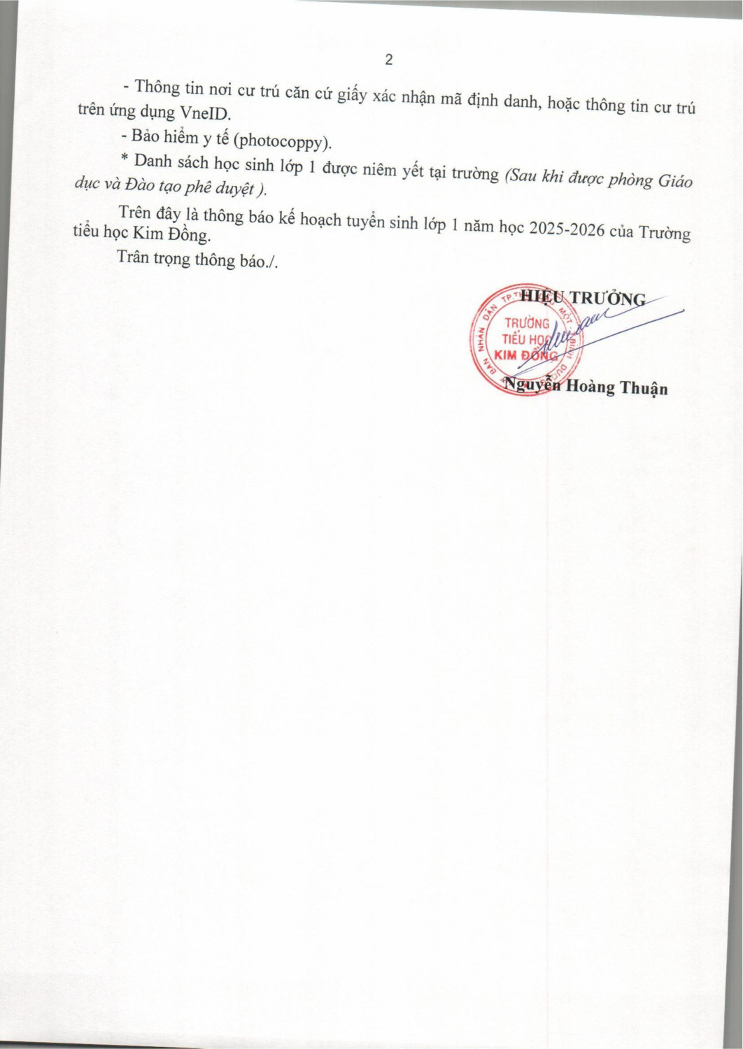 TB TUYỂN SINH LỚP 1 NH 2025 2026 hình ảnh 1